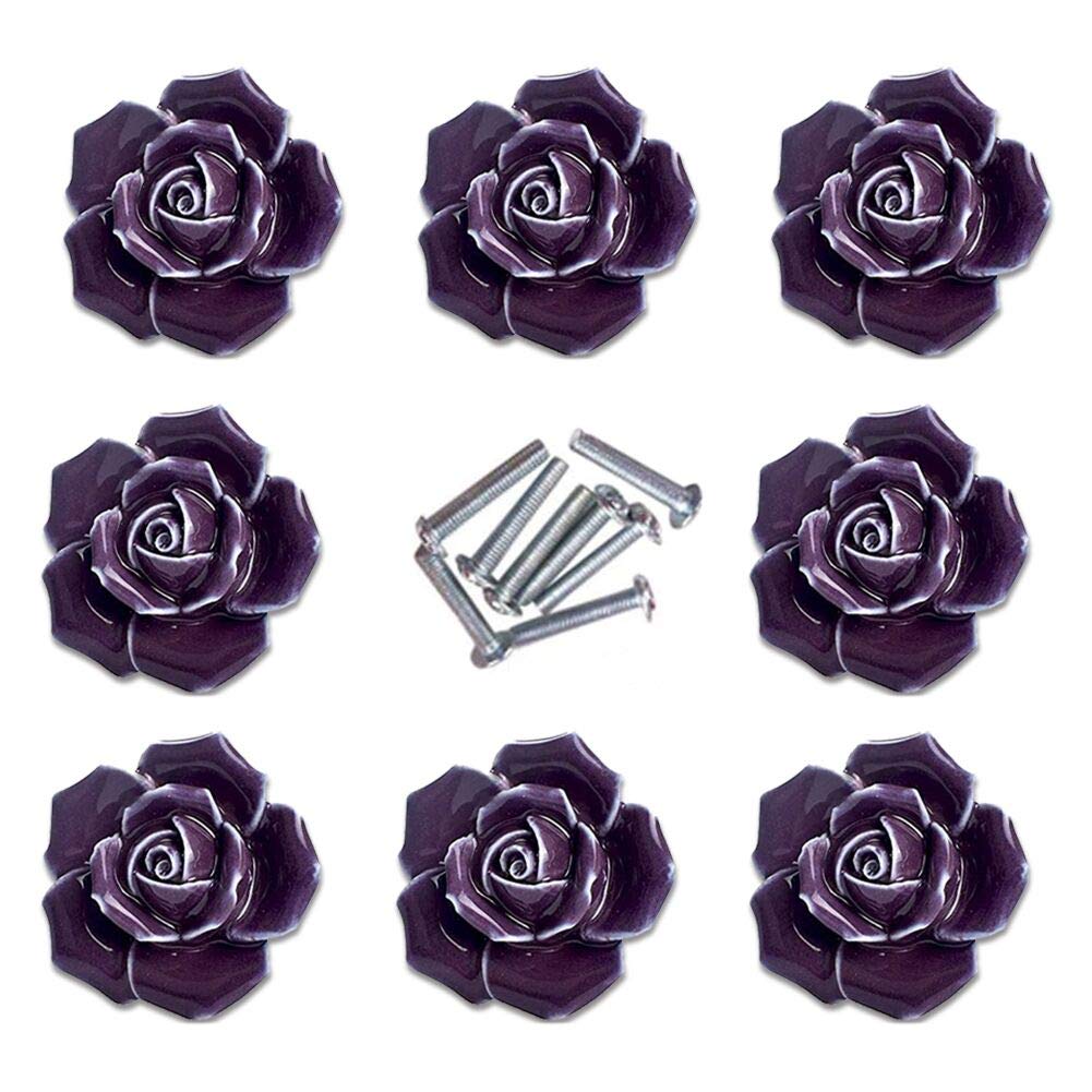 DLD Handle Knobs, Elegant Pink Rose Pulls Flower Ceramic Cabinet Knobs Cupboard Drawer Pull Handles + Screw Furniture Handle knob Ornament(8 Pieces) (