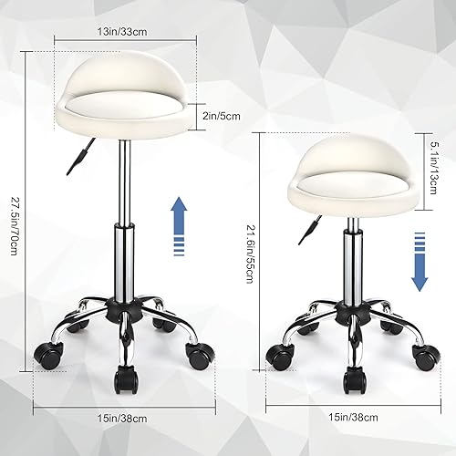 Miniatura 3 de Swivel Rolling Stool with Wheels Height Adjustable Stool Drafting Chair with Low Back White