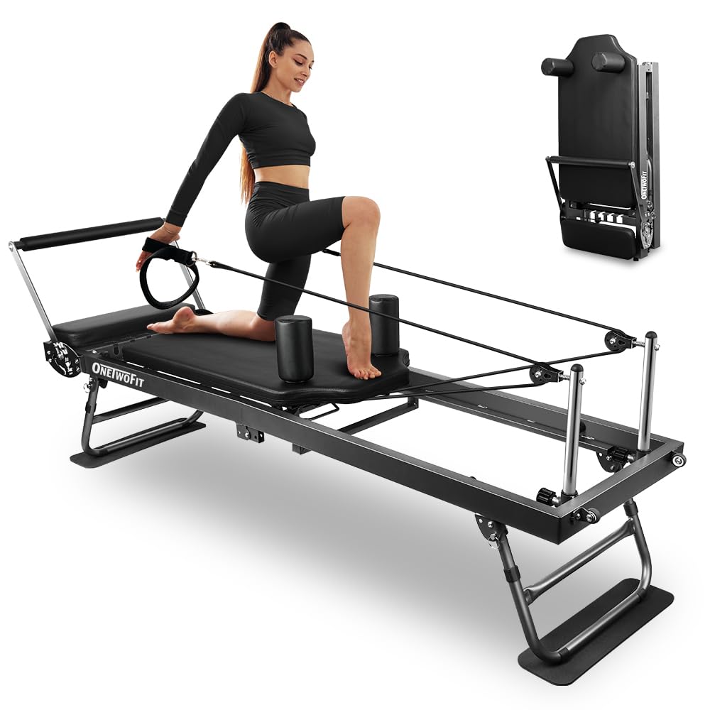 ONETWOFIT Foldable Pilates Reformer for Home Gym, Pilates Equipment for Home Workouts Pilates Reformer Machine Max 440 lbs Indoor Outdoor Exercise