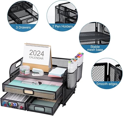 Miniatura 3 de NCXTKJ Organizador de escritorio de malla de 3 bandejas con cajones y soporte para bolígrafos, organizador de archivos de escritorio, clasificador