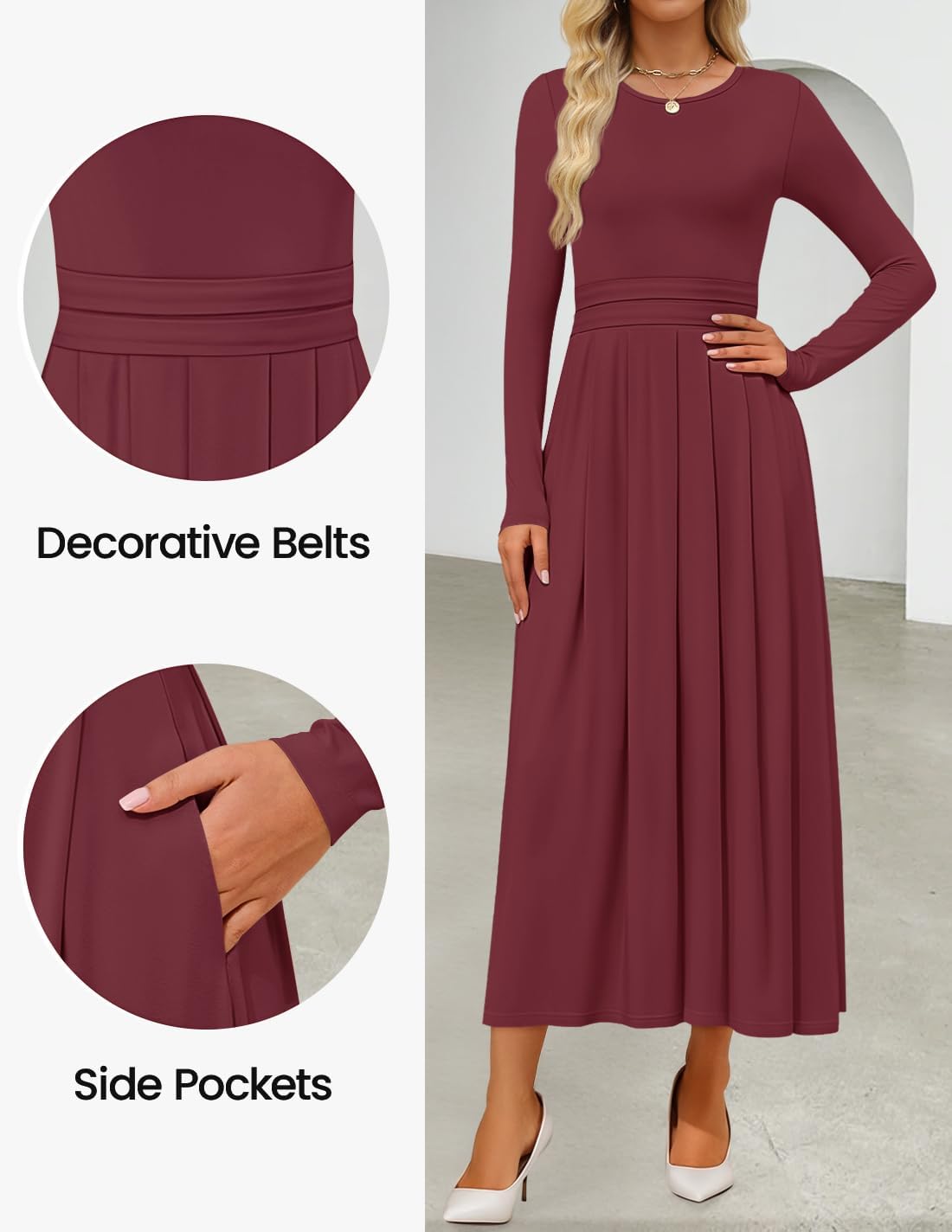 ZESICA Women's Elegant Long Sleeve Maxi Dress 2026 Spring Crewneck Knit High Waist Pleated Flowy A Line Casual Party Dresses - Image 5