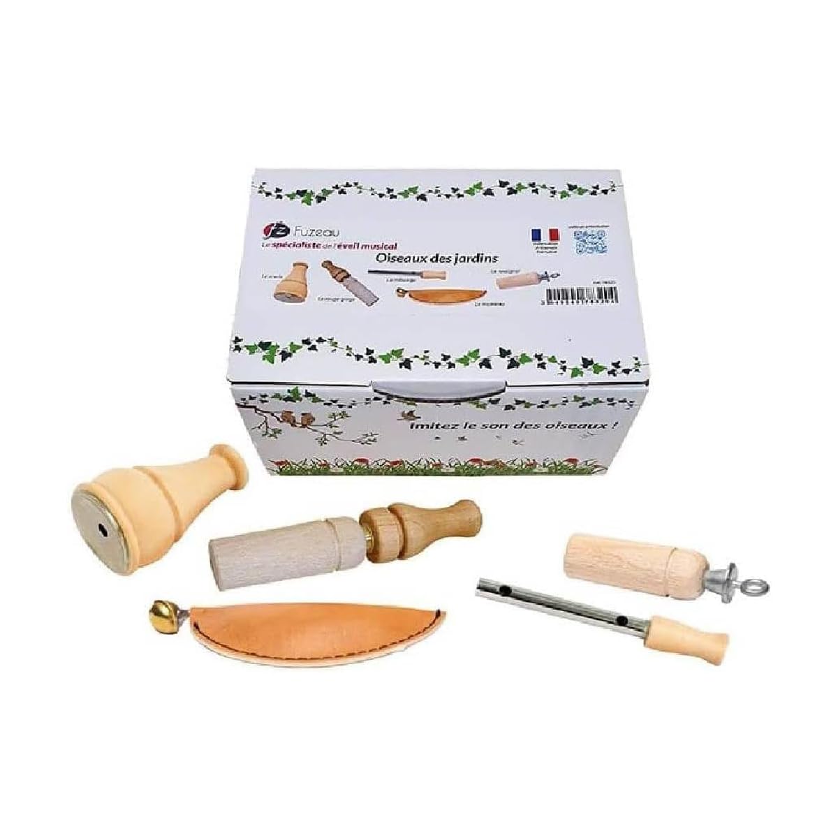 Fuzeau – Cofanetto 5 Appeaux Manuali - Legno Naturale Bosso e Faggio Vernice Alimentare – Suoni di Uccelli Autentici Gallina d'Acqua, Tordo, Passero, Rossignolo, Anatra – Da 4 Anni - Ref.78321