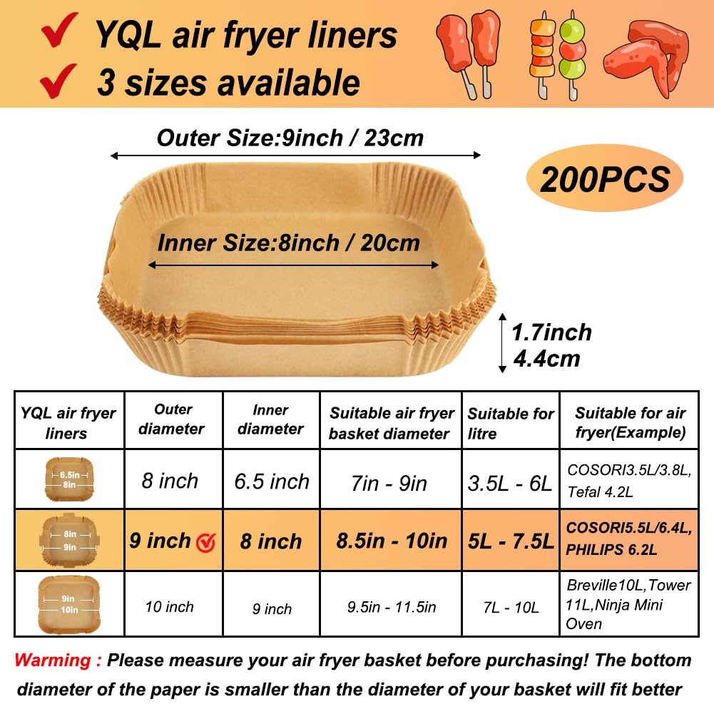 YQL 200PCS Air Fryer Liners Square, 7.9inch Parchment Paper for Airfryer 5L-7.5L - Image 2