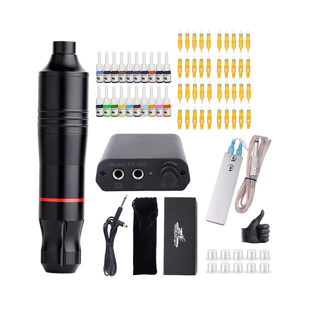Pro Complete Tattoo Pen Machine Kit, Lightweight Tattoo Pen Machine, 20pcs Tattoo Inks&40Pcs Cartridges Needles Power Supplies for Tattoo & Pmu Beginners