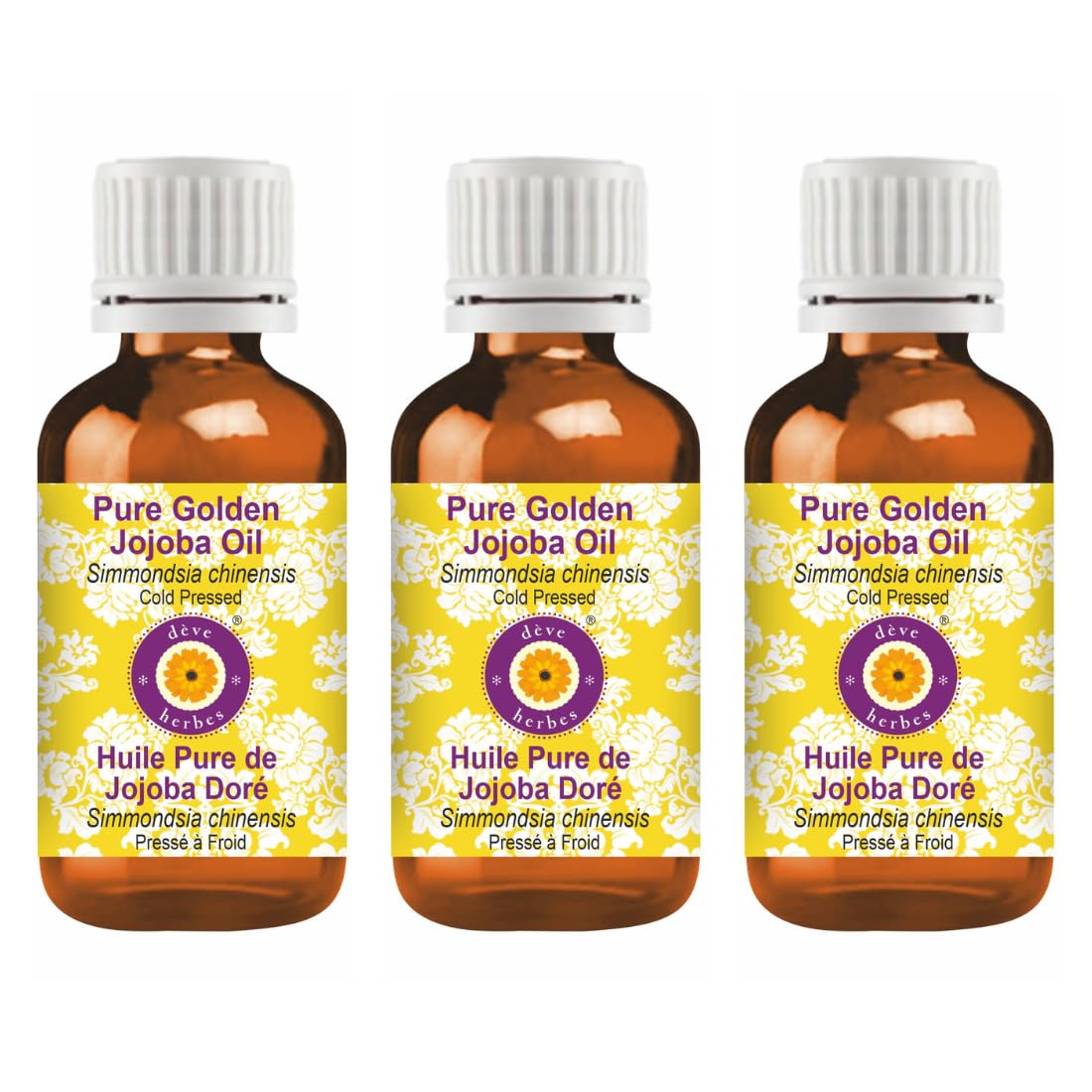 dève herbes Pure Golden Jojoba Oil (Simmondsia chinensis) Cold Pressed (Pack of Three) 100ml X 3 (10 oz)