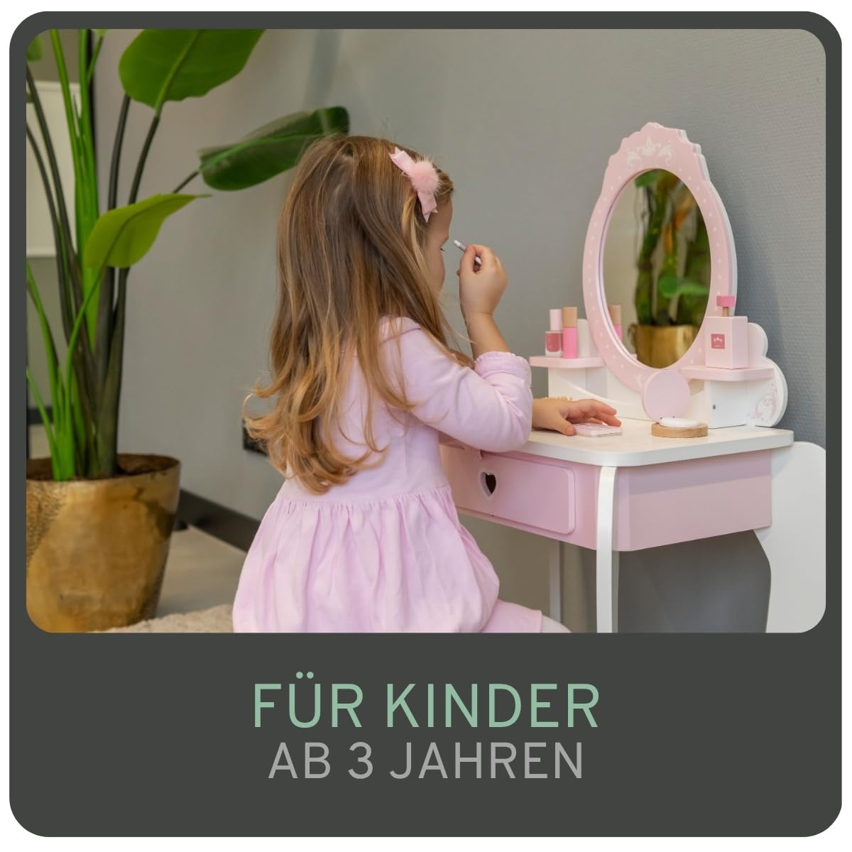 Bandits & Angels Kinderschminktisch Julia Weiß Rosa mit Spiegel für Mädchen ab 3 Jahren - Schminktisch aus Holz - Schminktisch inklusive Hocker - Für Kinder