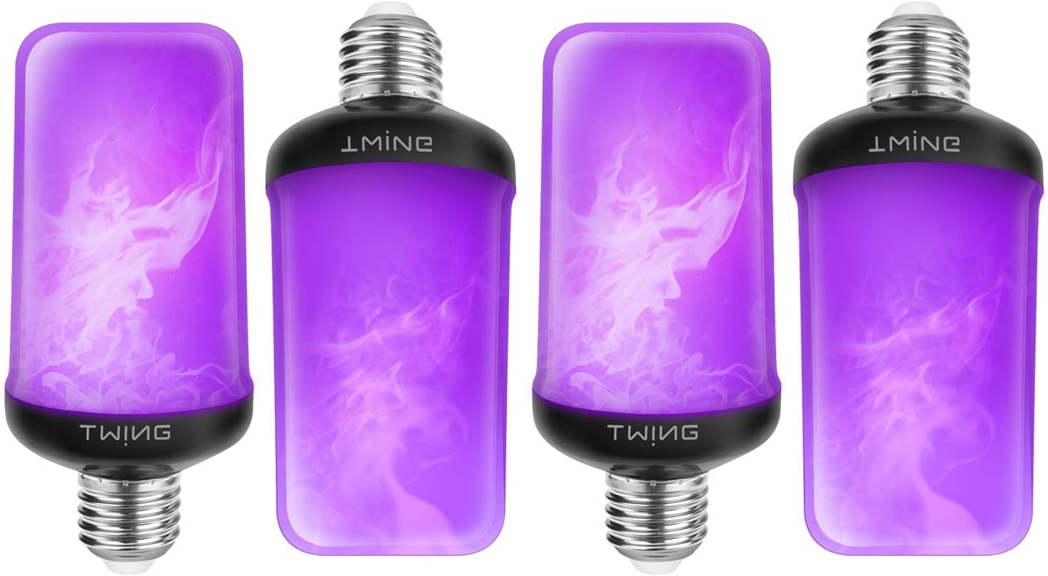 LED Flame Bulb Purple Fire Bulbs 6W 4 Modes E26/E27 Base Flickering Fire Light Bulbs with Gravity Sensor for Christmas Decoration, Halloween Decoration, Indoor Outdoor Home Decor(4 Pack)