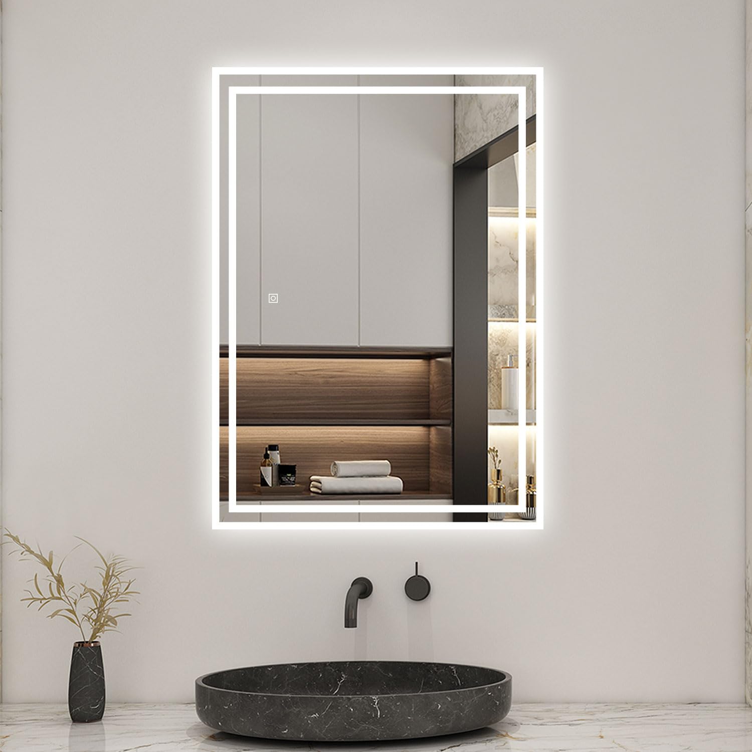 Biubiubath 800x600mm LED Bathroom Mirror with Shaver Socket and 2 USB Ports Dimmable 3 Colour with Demister Pad Touch Sensor Wall Switch Control Lights