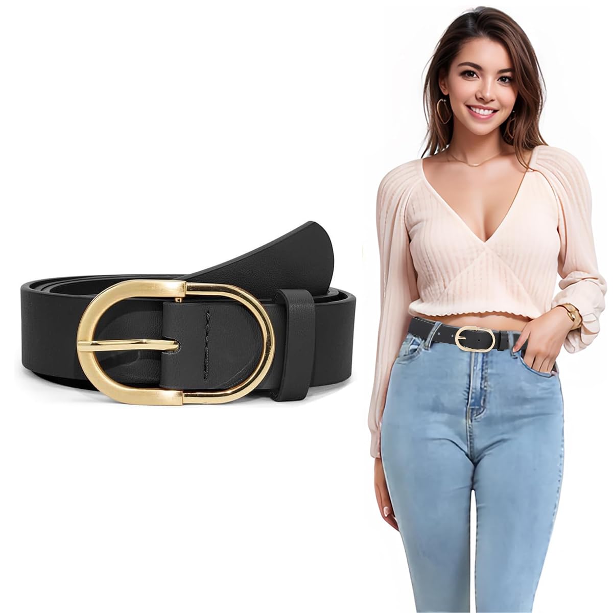 Waist Belt for Women Dresses, Brown Black Belts for Women, Fashion Belts for Jeans, PU Leather Gold Buckle Ladies Belt for Woman Jeans Dress Trousers (Fit Waist 70-90cm)