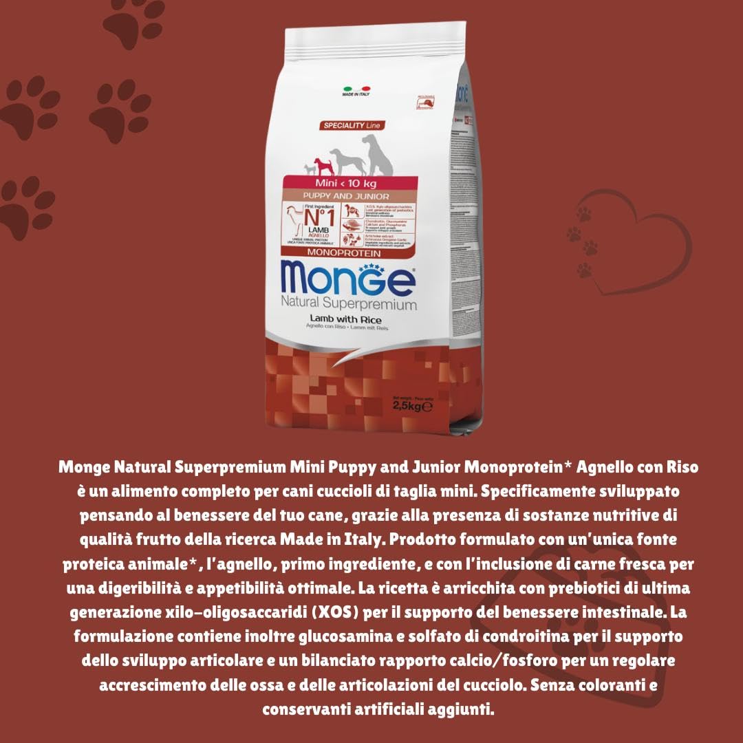 Monge Chien Puppy Mini agneau 2,5 kg, aliment complet pour chiens chiots de taille mini, goût agneau 2,5 kg.