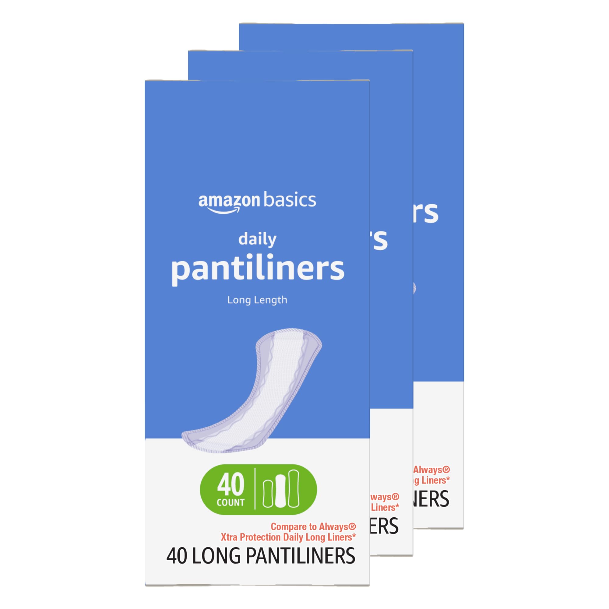 Amazon Basics Daily Pantiliner Long Length Feminine Pads for Women Unscented Comfortable Thin 120 Count 3 Packs of