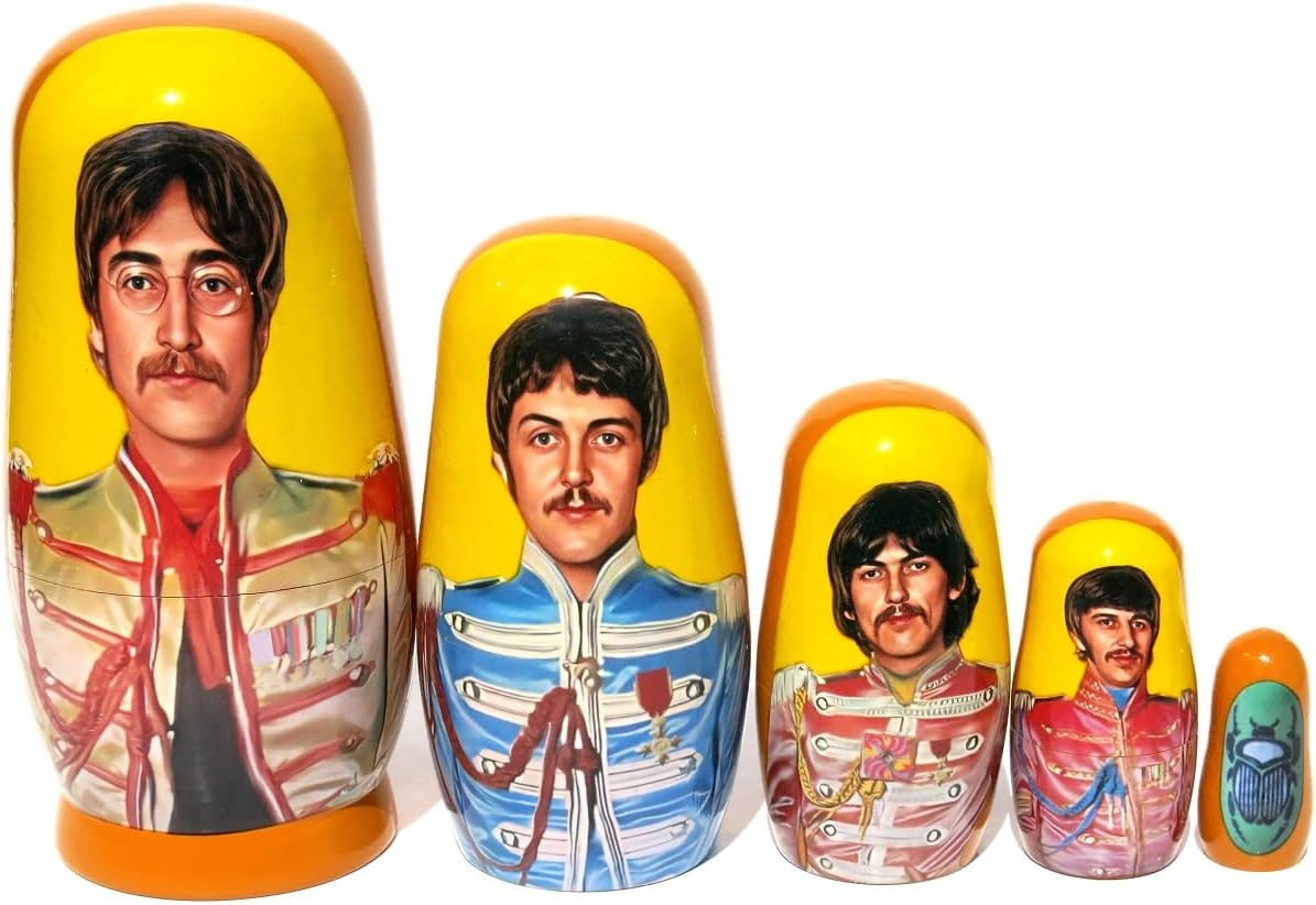 New Authentic and Original Handmade Long Lasting Collectible Beatles SGT. Pepper's Nesting Doll Featuring John on The Largest Doll, Russian Nesting Doll Set 5.75 Inches Tall with Glossy Red Gift Box