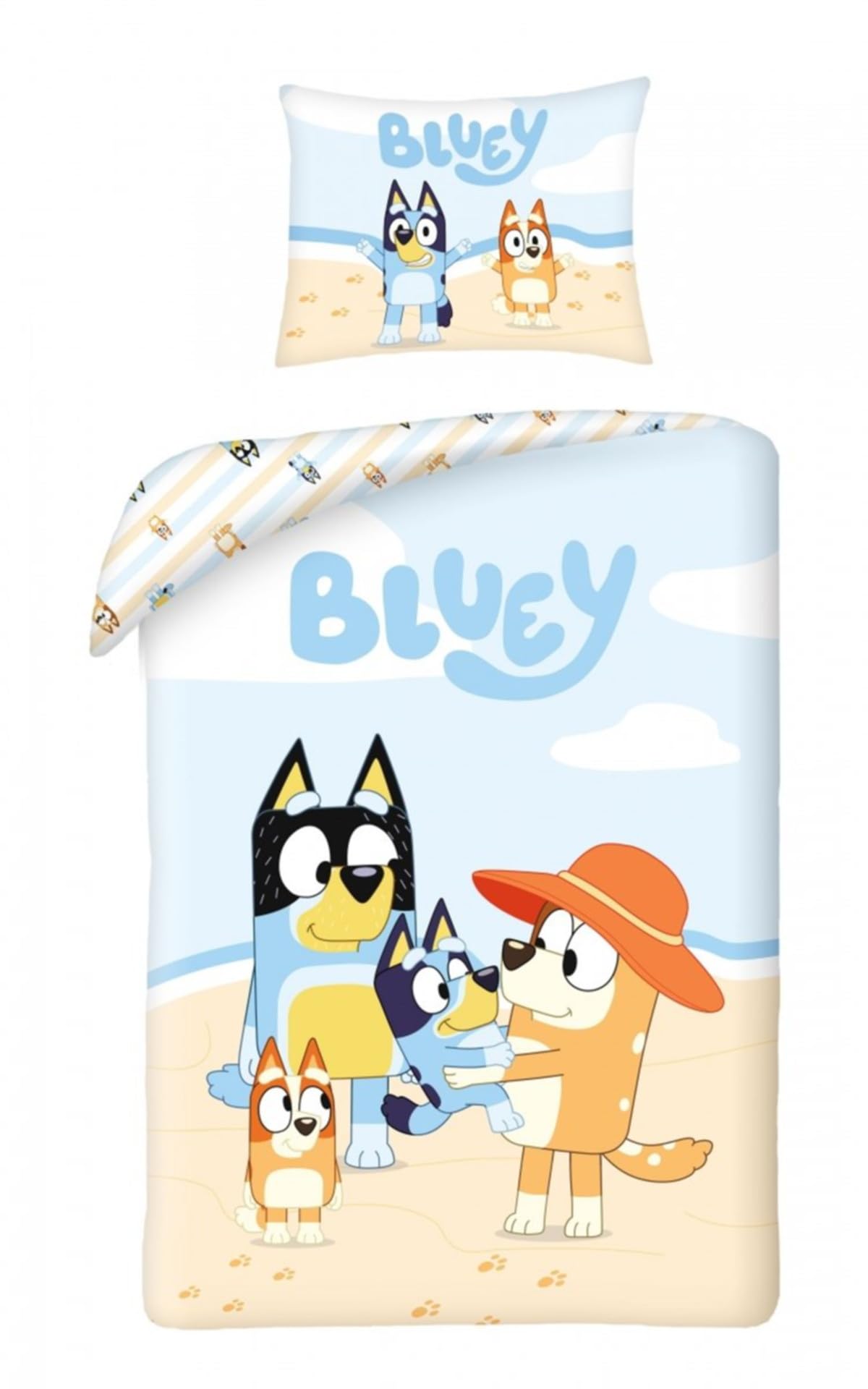 Halantex Bluey Bingo Bandit Chilli Bed Set – Reversible Duvet Cover 140 x 200 cm and Pillowcase 70 x 90 cm – Multi-Coloured – 100% Cotton