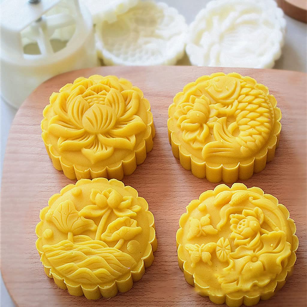 3D Mold Set 150g 200g Flower Fish Patterns Moon Cake Mold Press Safe Cookie Mold For Mid-Autumn Festival Mold Stamp 150g Press Mold 200g