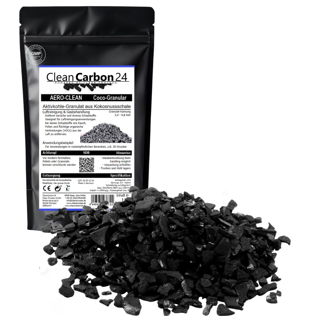 Clean Carbon 24 POWERED BY CLEAN PROCESS 2.5 litre activated carbon granules made of coconut shells for air purification (3.4 - 4.8 mm / 4 x 6 mesh), Black