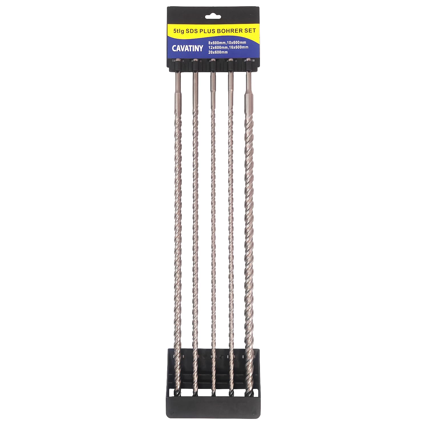 SDS Plus - Set di punte per trapano da 5 pezzi, lunghezza 600 mm, diametro 8/10/12/15/20 mm, con 4 tagli, metallo duro, set di punte SDS Plus, ideale per fori su mattoni, cemento, pietra e