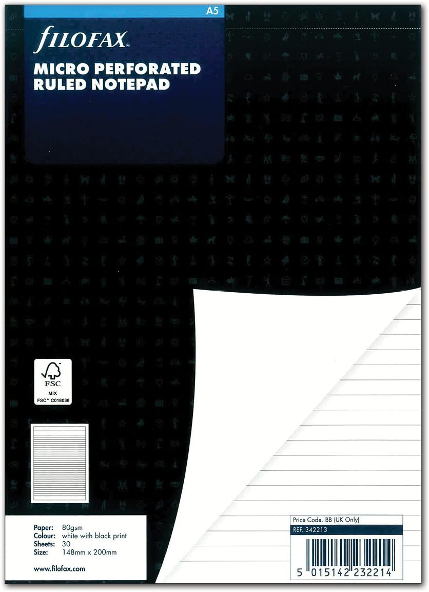 Philofax 342213 Personal Organizer, Refill, A5, Memo, Horizontal Rule, Black