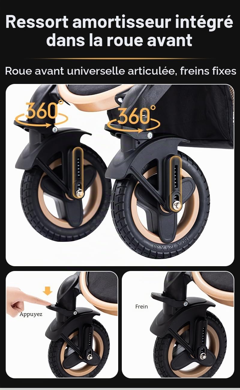 YAZOCO Poussette 3 en 1 Tout Terrain 0 à 4 Ans, Poussette Bébé Pliable, Compacte et Inclinable, Moustiquaire,Couvre - Pieds, Porte - Gobelet à Eau