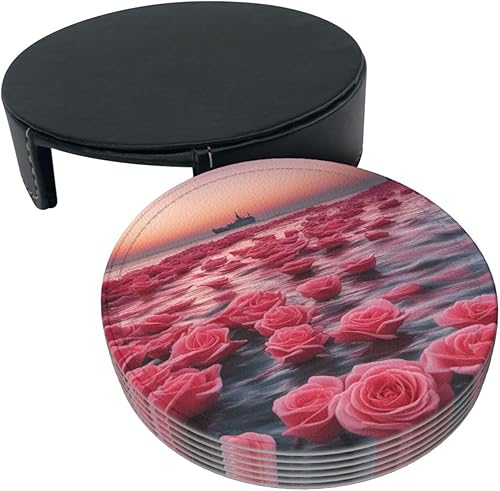 Miniatura 3 de Roses by The Sea Fashionable Printed Leather Coaster Set,A Set of 6 Pieces,4 Inches in Diameter,Adding an Artistic Atmosphere to Your Desktop