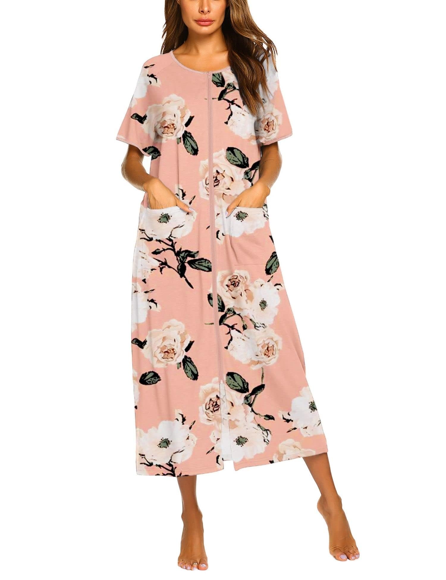 Ekouaer Women Robes Zipper Front Short Sleeve Full Length Housecoat with Pockets Loungewear S-4XL