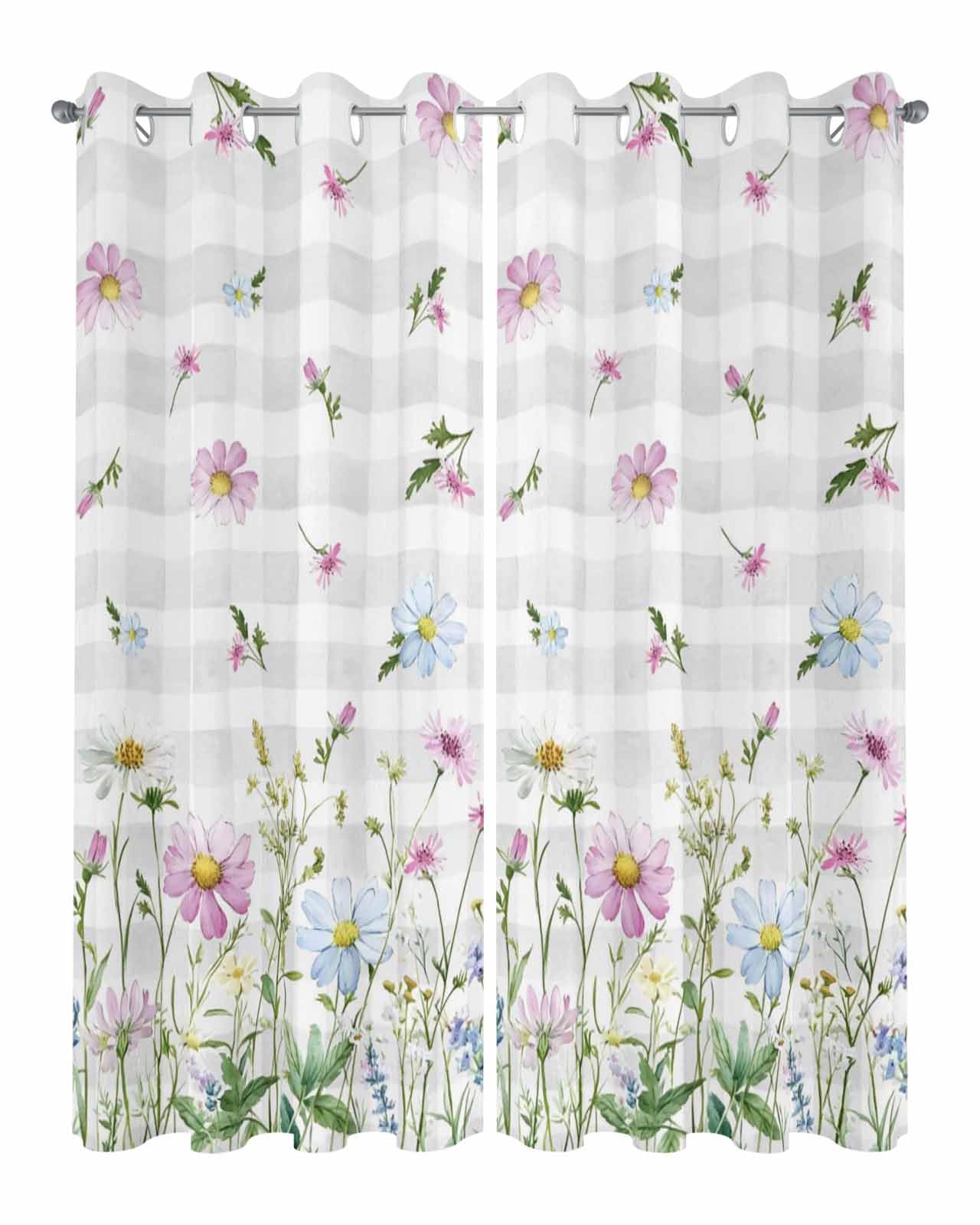 Outdoor Curtains for Patio Waterproof, Wildflowers Curtain 2 Panels, Floral Herbs Grey Buffalo Plaid Window Treatment Drapes Privacy Indoor/Outdoor Curtain for Porch Gazebo Pergola Cabana 54x84