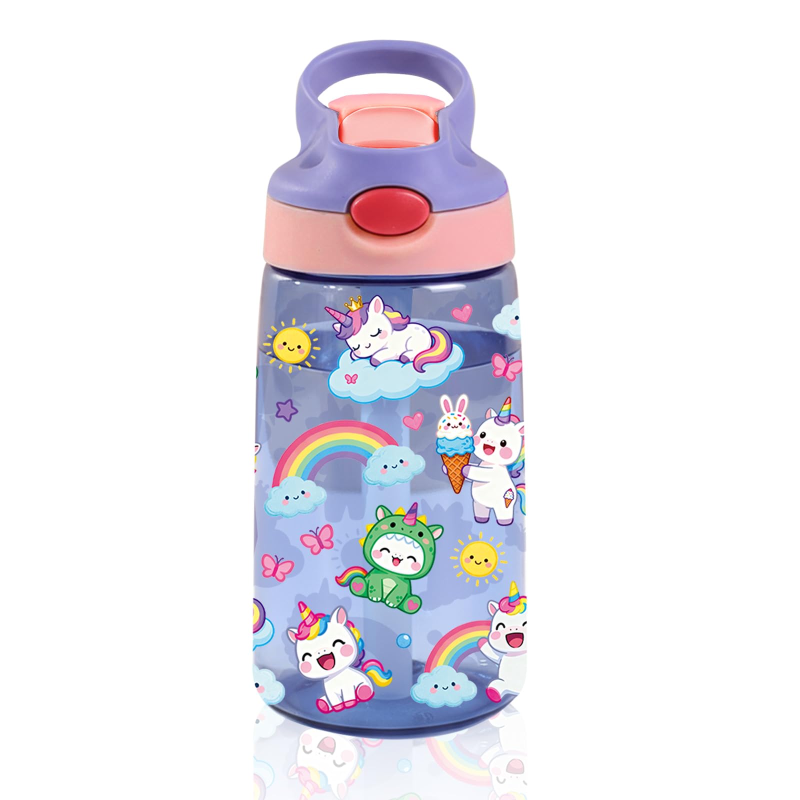 14oz Unicorn Kids Water Bottle with Straw - Rainbow Water Bottle For School, Leakproof, Lightweight, Durable Plastic Bottles for Kids Travel, Pop-Up Straw Cover, Gift Cup for Girls (Unicorn)