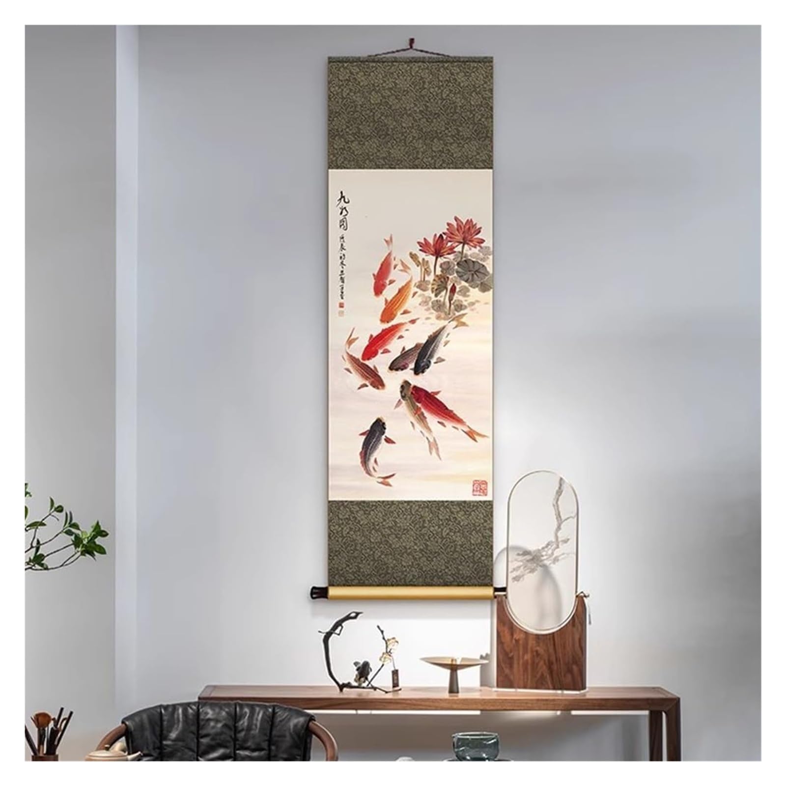 Chiński obraz z dziewięcioma rybami, ręcznie robiona sztuka wisząca na jedwabiu, orientalny mural Feng Shui, pomysł na kreatywny prezent(Retro C,50L x 158W cm)