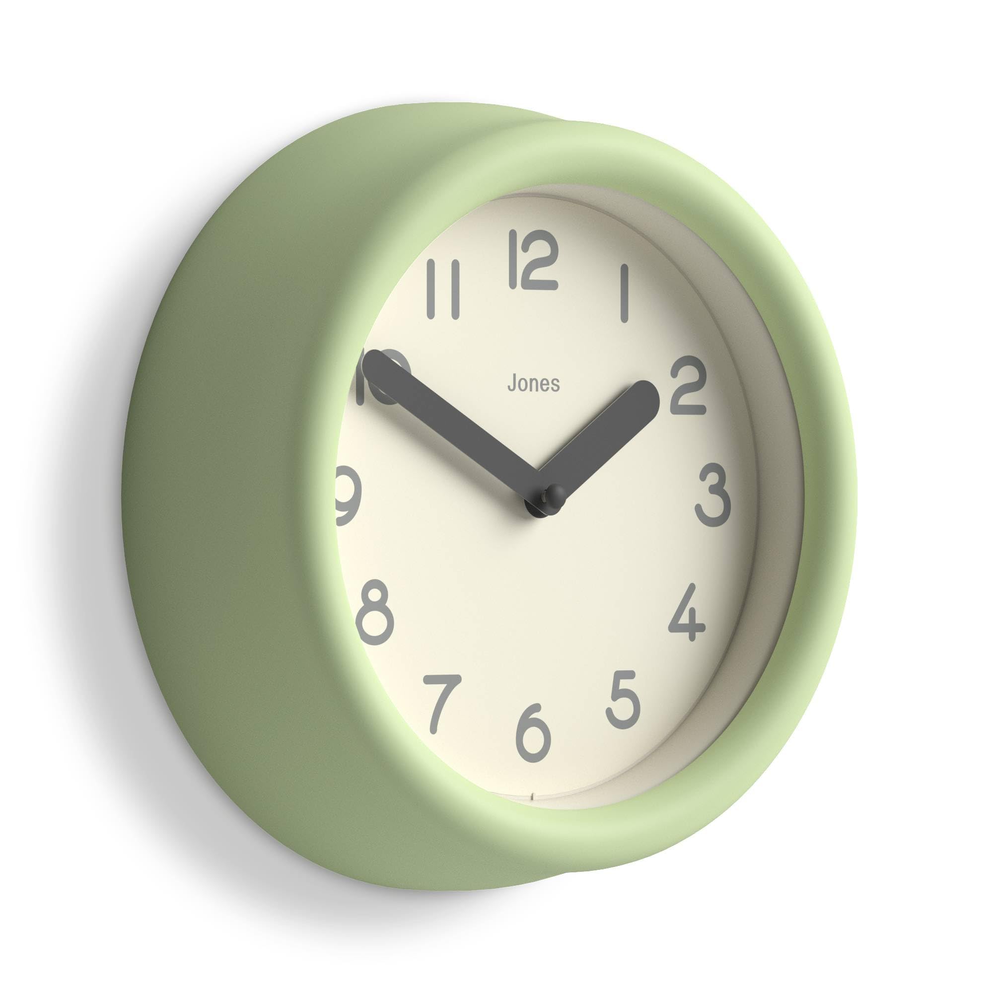 Jones Clocks® Fuze wall clock | Small round clock | Matcha green | Playful modern design with soft sculptural presence | Ideal for kitchens, living rooms, kid's bedrooms
