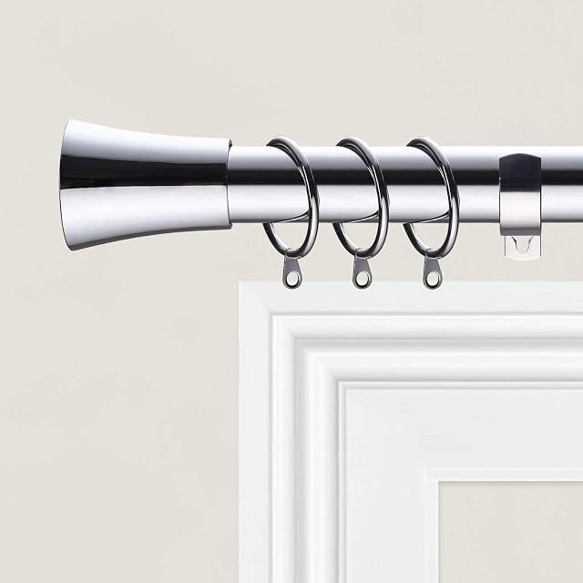 Imperial Rooms Curtain Poles Metal Extendable - Includes Curtain Rod, Finials, Rings, Brackets & Fittings Set (Conus Chrome, 120 - 210 Cm, 48 Inches to 83 Inches)