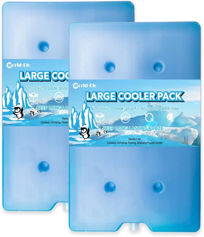 WORLD-BIO Large Cold Ice Blocks Freezer Box, Ice Packs for Cooler Cool Box - 2 Pcs Reusable Freezer Blocks - Quick Freeze & Long-Lasting Cold for Camping, Picnic, Hiking,Travel - 7.8 x 12.3 x 1 inch