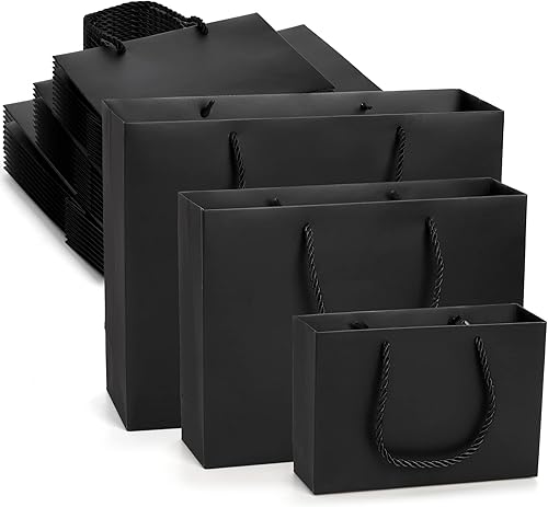 Lyellfe Paquete de 30 bolsas de regalo negras bolsas de papel kraft resistentes con asa bolsa de compras impermeable de lujo bolsas de mercancía al