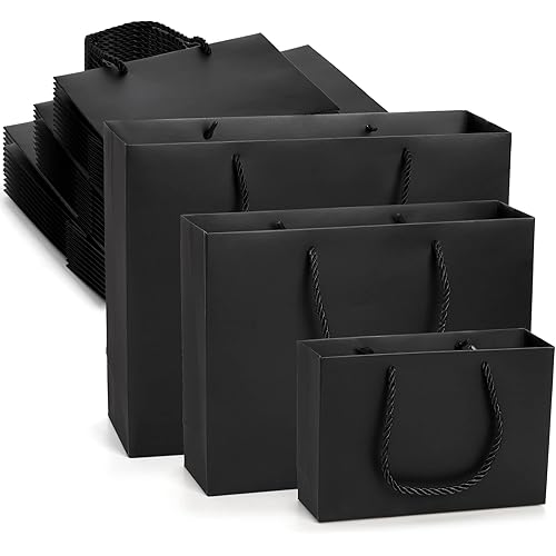 Lyellfe 30 Pack Black Gift Bags, Heavy Duty Kraft Paper Bags with Handle, Luxury Waterproof Shopping Bag, Retail Merchandise Bags for Birthday, Wedding, Christmas, S, M, L