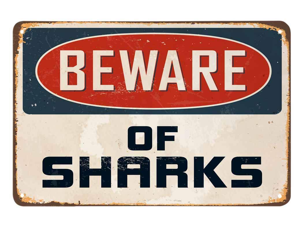 SMAZDFXX Beware Of Sharks Tin Sign, Vintage Metal Tin Signs for Cafes Bars Pubs Shop Wall Decorative Funny Retro Signs for Men Women 5.5"x8"