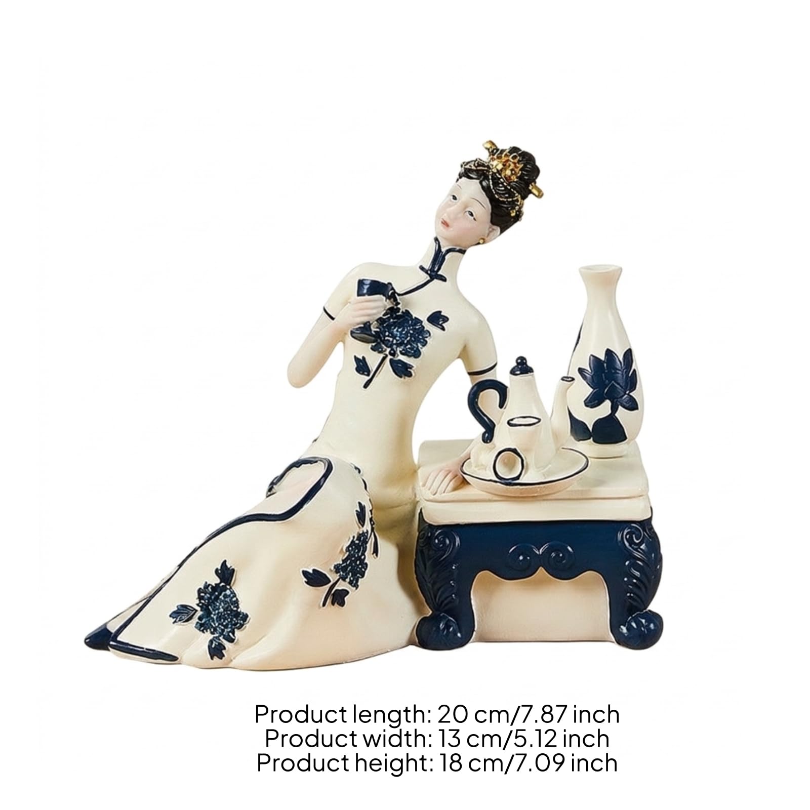 Orchidee Figurine Chinesische Dame Statue Skulptur Wohnfigur Dekofigur aus Resin mit Glänzendem Finish Und Traditionellem Flair für Wohnzimmer, Damenfigur Mit Teetisch, Liegend, 18 cm Hoch