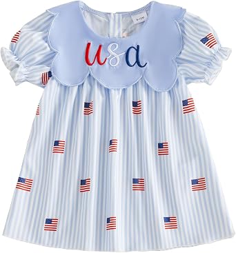 Toddler Baby Girl 4th of July Outfit Ice Cream Embroidery Short Sleeve Collared Dress Summer Clothes