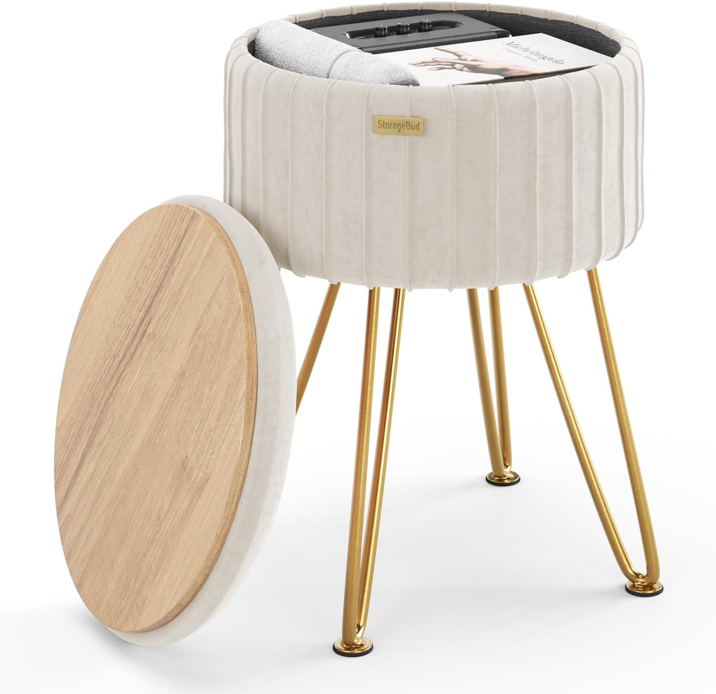STORAGEBUD Round Ottoman with Storage, Pleated Velvet Storage Ottoman, Foot Stool Ottomans, Makeup Vanity Stool, Small Ottomans Foot Rest, Modern Vanity Stools for Living Room and Bedroom, Cream