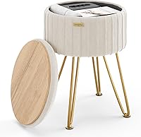 Vista 30 de STORAGEBUD Otomana redonda con almacenamiento, otomana de almacenamiento de bouclé, taburetes otomanos, taburete de tocador de maquillaje, pequeños