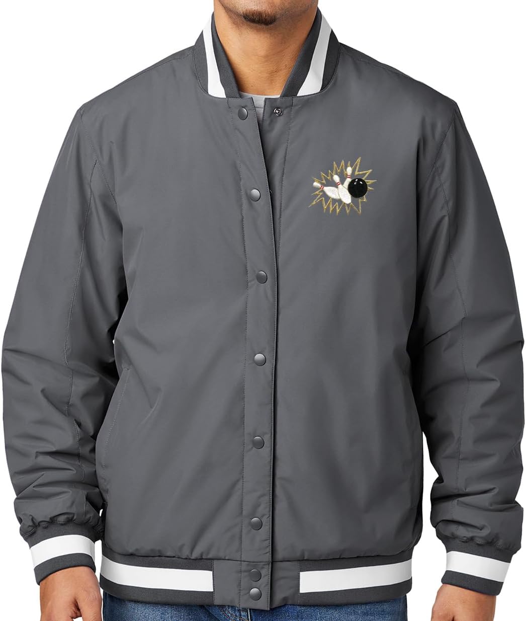 Buy Cool Shirts Men's Crashing Bowling Pins Patch Varsity Jacket