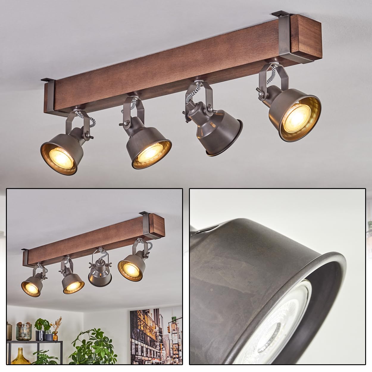 HOFSTEIN Deckenleuchte Pehefito, 4-flammige Deckenlampe aus Metall/Holz in Grau/Dunkelbraun, verstellbare Leuchte im Industrial/Retro/Vintage-Design mit Holzbalken, GU10, Esszimmer, Wohnzimmer, Küche