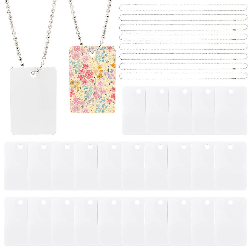 SOFPLATE 1 Box 45Pcs Sublimation Tag Blanks Rectangle Sublimation Blanks White Aluminum Stamping Double Sided Heat Transfer Pet ID Tags with Ball Chain for DIY Crafts Necklaces Keychains Luggage Bag