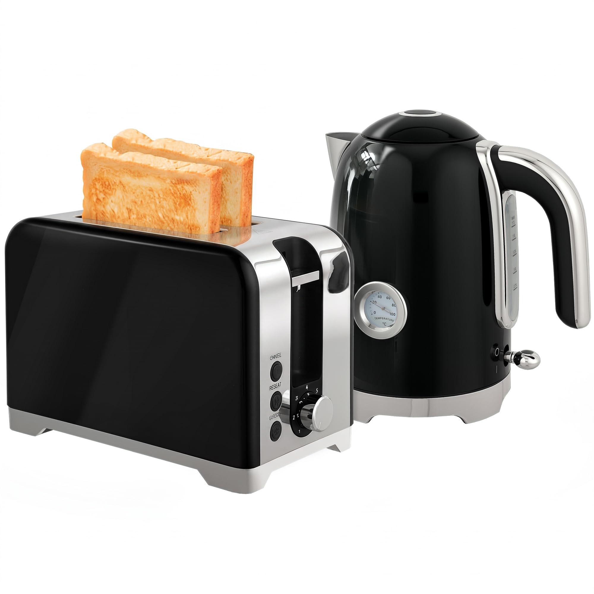 HOMCOM Wasserkocher und Toaster Set, Frühstückset, Schwarz | 2200 W, 1,7 L, Edelstahl Wasserkocher, Kalkfilter, 2 Scheiben Toaster, 7 Bräunungsstufen, Thermometer, Krümelfach