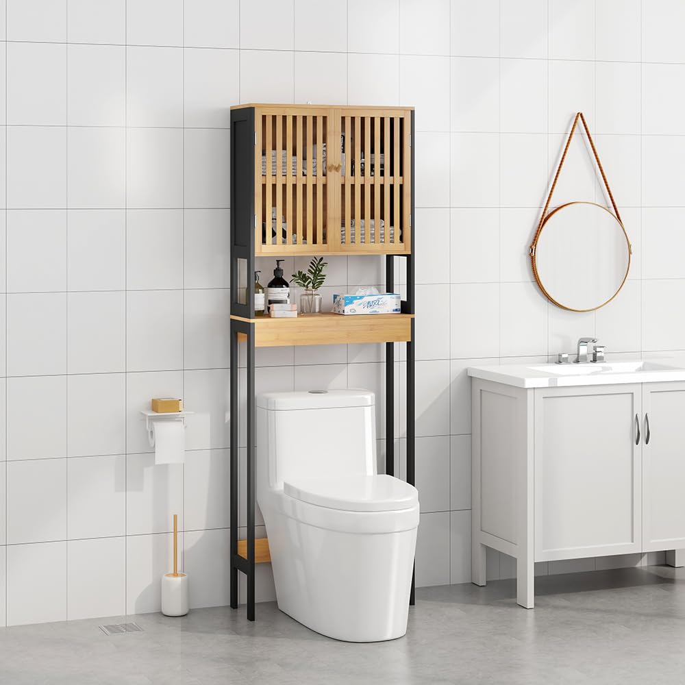 Meuble de WC/Étagère de Toilettes Salle de Bain Noir et Bois Naturel – Structure MDF + Bambou Véritable – Finition Bois Naturel – Idéal pour Toilettes, Gain de Place & Déco Zen