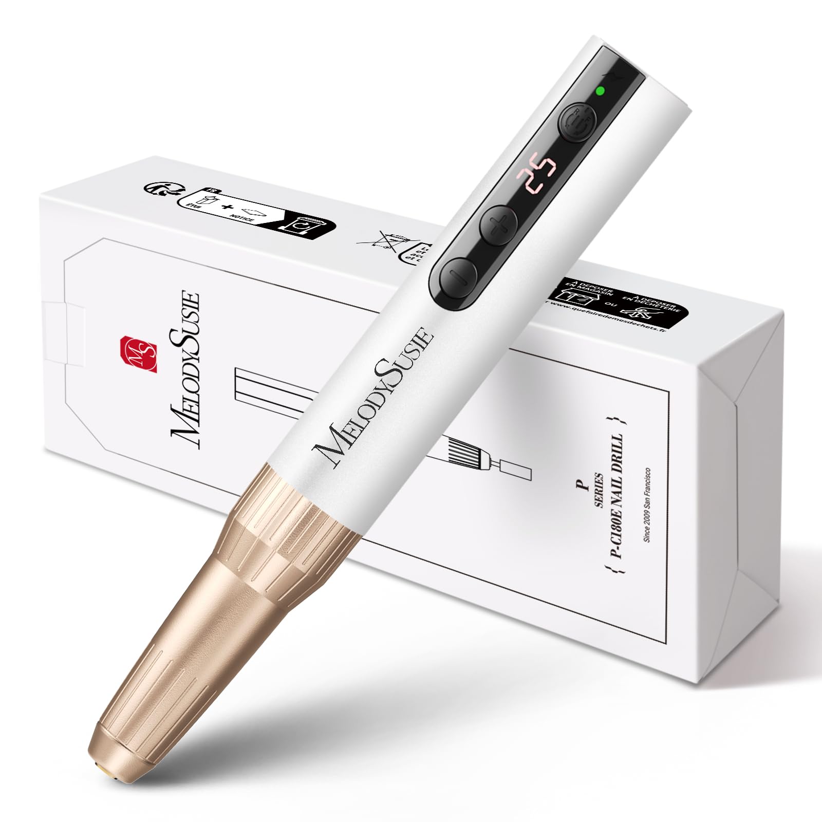 MelodySusie Pen-Shaped Portable Cordless Nail Drill, PC180E 25000RPM Rechargeable Electric File with LED Display for All Nail Care, Manicure Shaping & Acrylic Gel Removal for Nail Artists DIY at Home