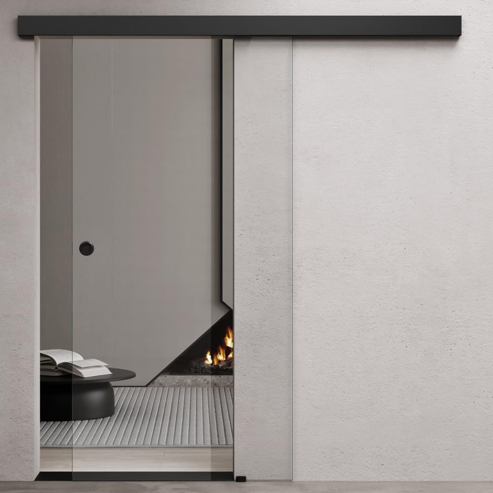 Durovin 900 * 2050mm Internal Sliding Glass Door - Clear - Black Round Handle & Rail - with Track 5ft for Bathrooms Kitchens Living Room Bedroom