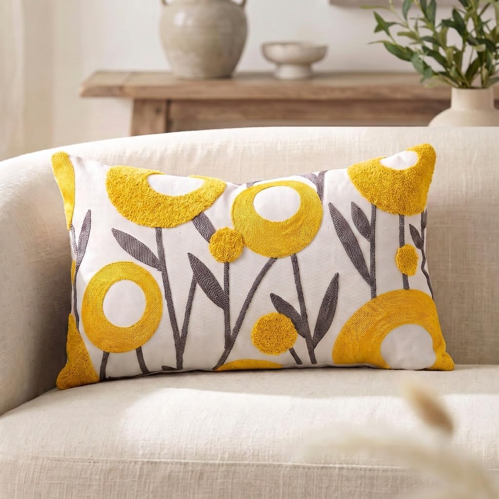 ARTMAGIC Embroidered Floral Throw Pillow Cover Boho Decorative Pillowcase | Yellow 12x20 Tufted Cushion Cover, For Couch Sofa Bed, Living Room Bedroom Decor