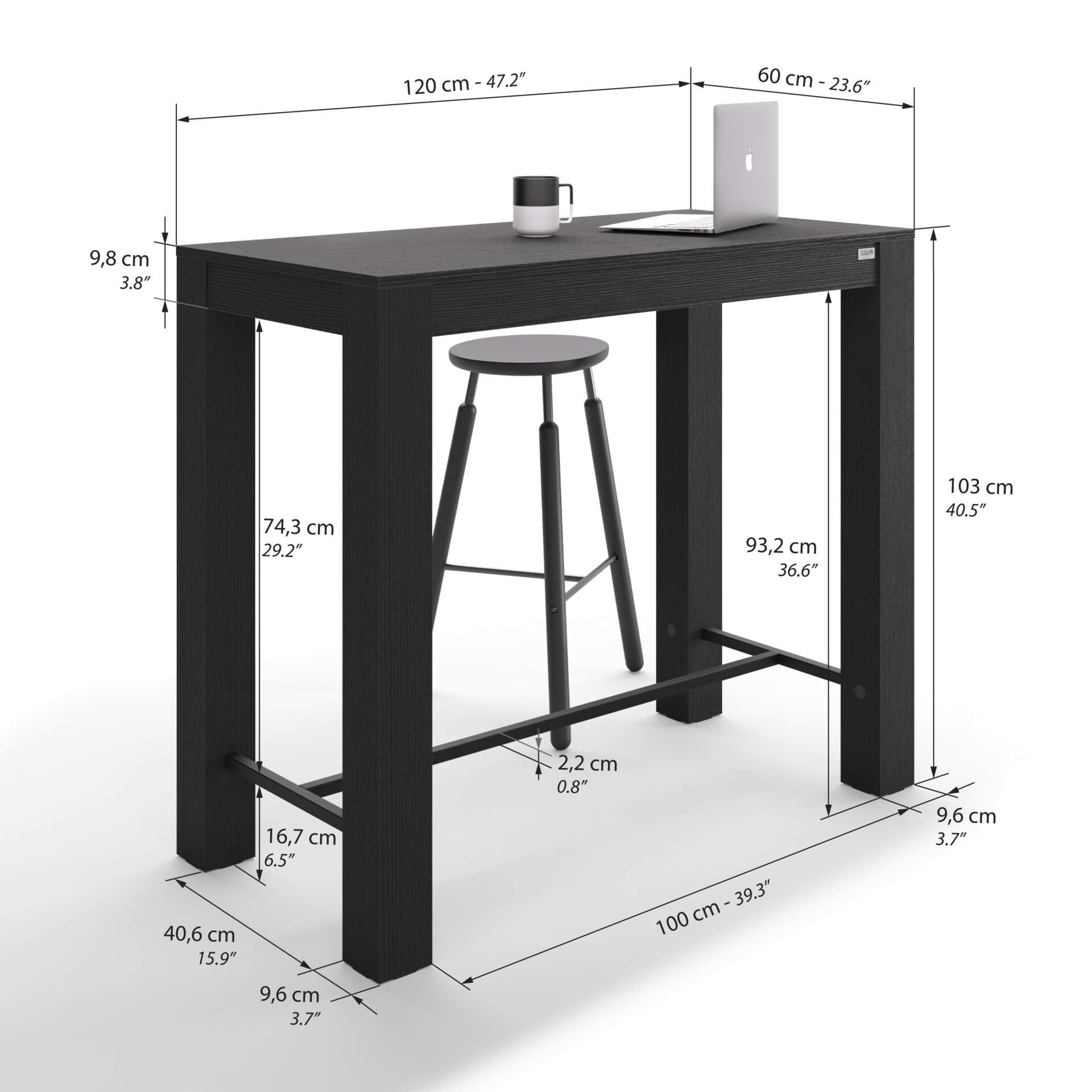 Mobili Fiver, Tavolo Alto Rachele 120x60 cm, Nero Frassino, Made in Italy