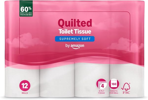 by Amazon 4-Ply Quilted Toilet Tissues, Unscented, 12 Rolls (4 Packs of 12), 160 Sheets per Roll 1 roll (Pack of 48) - 1