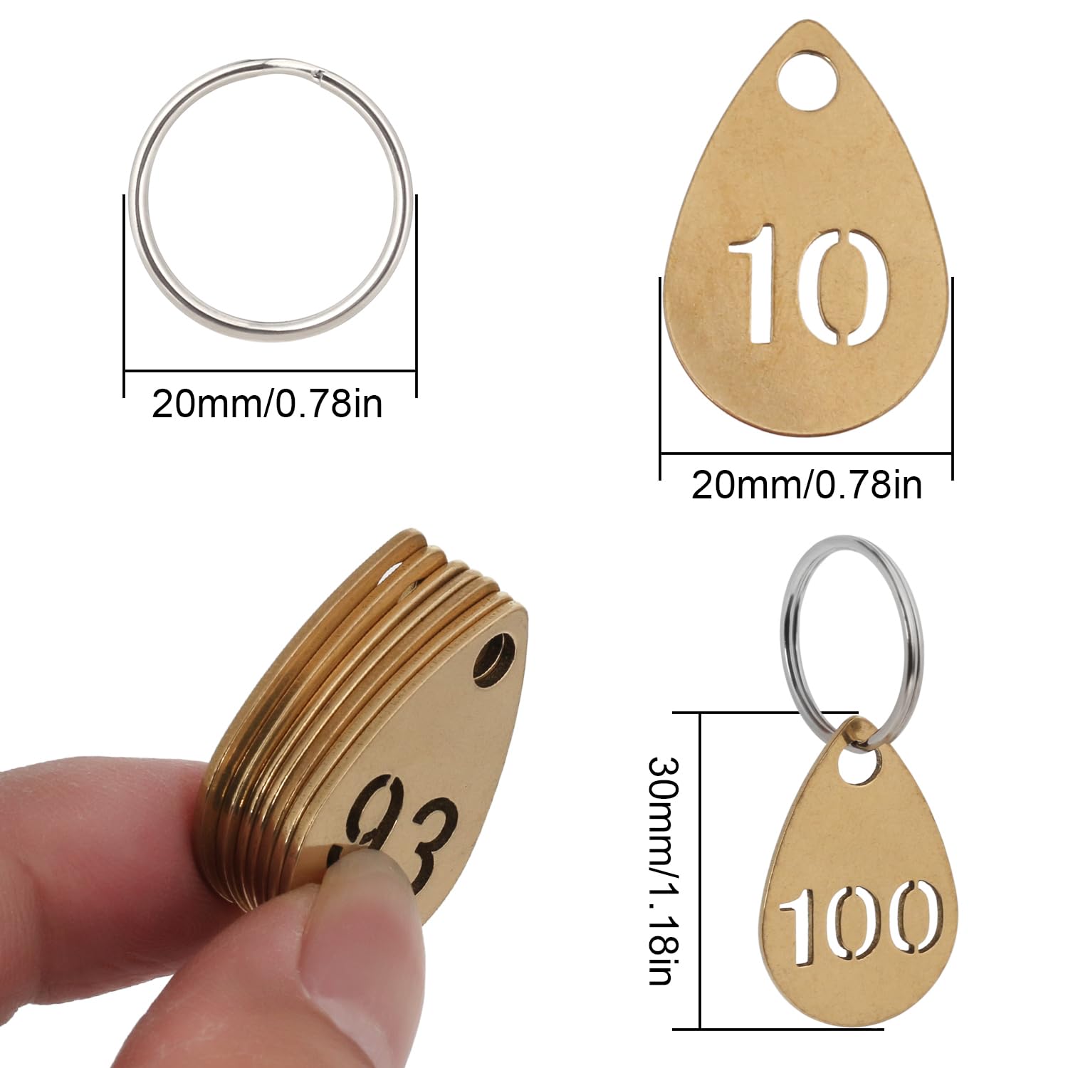 Targhette per chiavi con numeri, in ottone, a forma di goccia, etichette con numero in metallo, etichette portachiavi, da 1 a 80