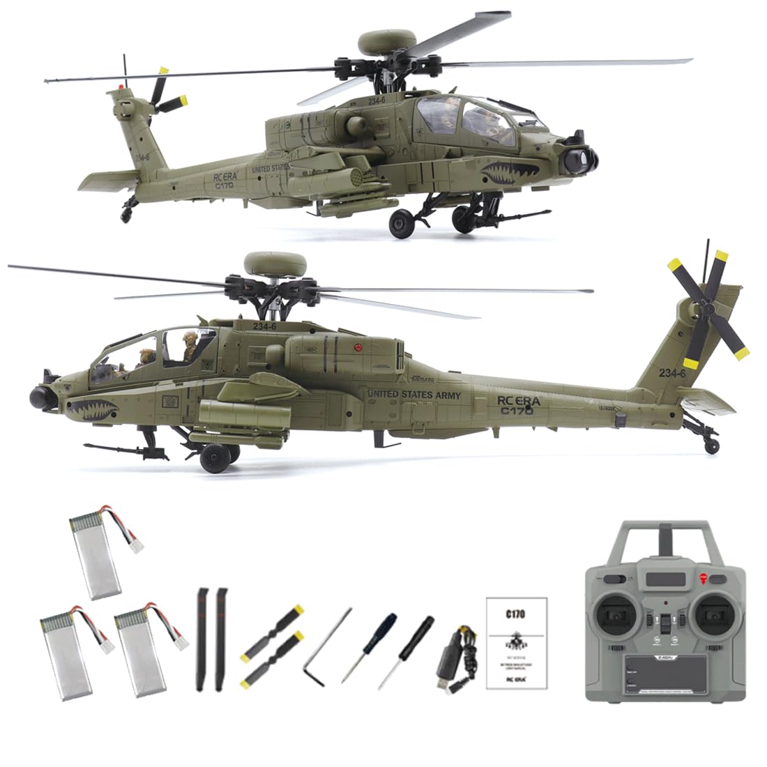 NULA RC-ERA C170 AH-64D RC Helicóptero 1:48 Flybarless Militar Avión Militar, 2,4 G 6 CH con posicionamiento de flujo óptico, mantenimiento de altitud, motor sin escobillas, verde militar invertido/3
