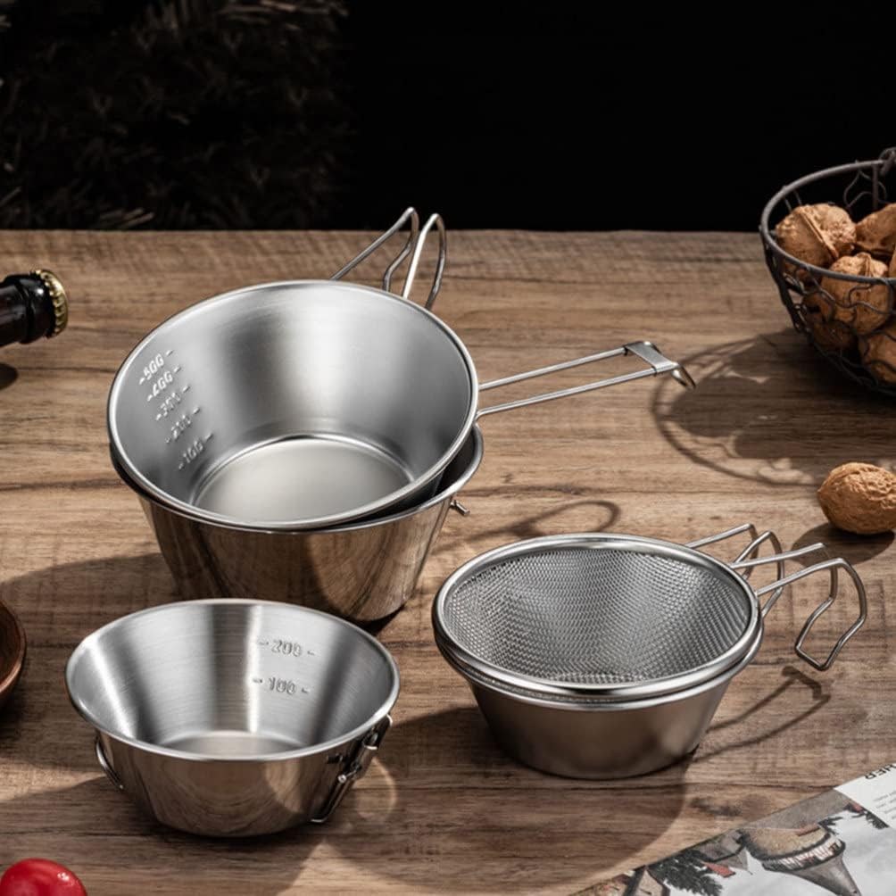 BESPORTBLE 1set Stainless Steel Camping Cooking Bowls Food-grade Portable Utensils for Outdoor Picnics Lightweight and Folding Handles and Storage Bag for Camping and Hiking